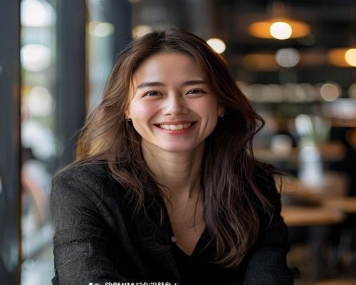 38岁职场女性在城市咖啡馆中自信微笑，眼神坚定从容，展示出少妇的诱惑中历经职场历练后独有的成熟魅力光芒